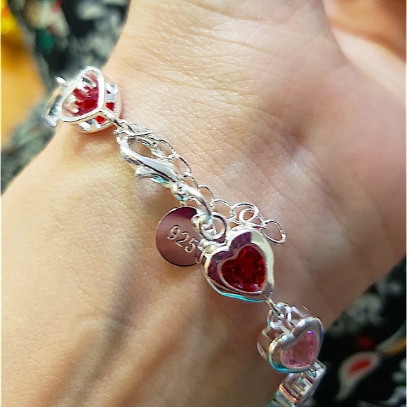 Sterling Silver Heart Multicolor Gemstone 925 Stamped Bracelet - Picture 12 of 13